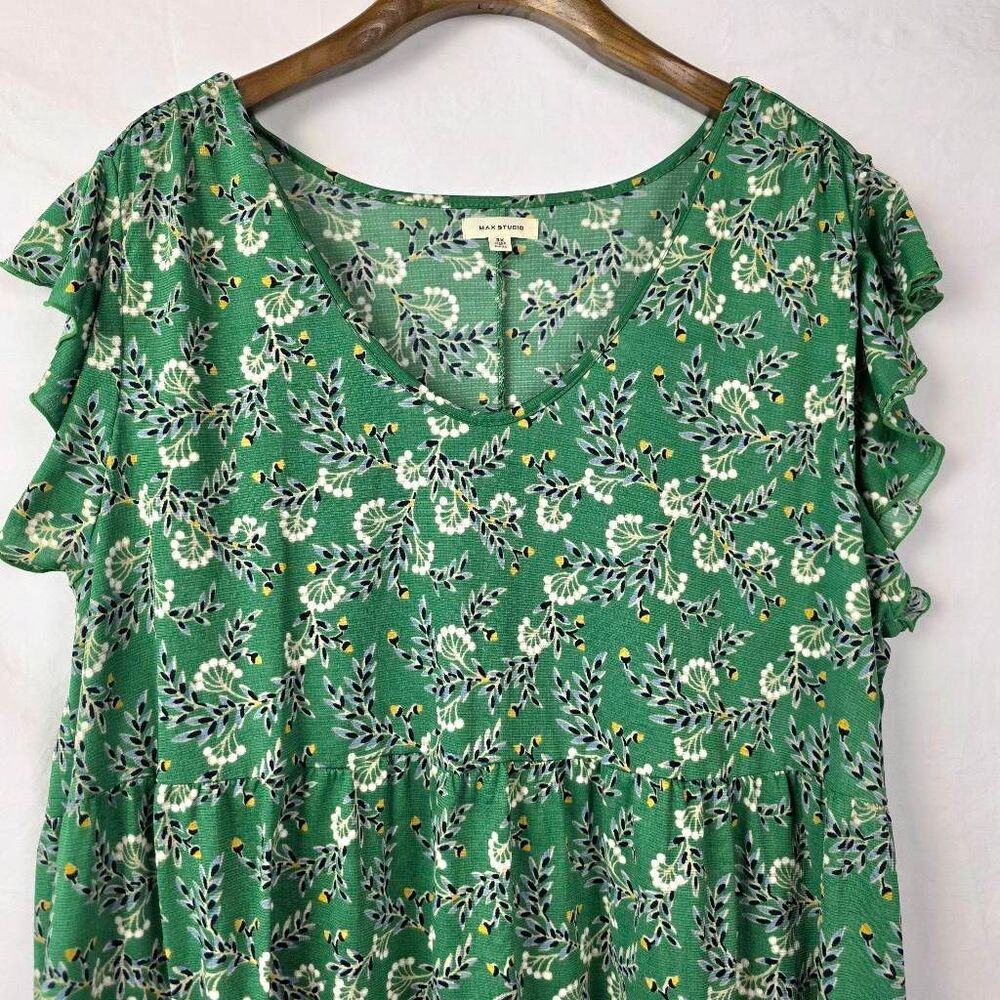 Max Studio 3X Green Floral Tiered Ruffle Sleeve Dress - Picture 4 of 8